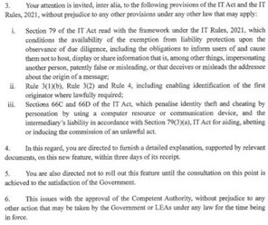 Indian government's letter to WhatsApp regarding the username feature