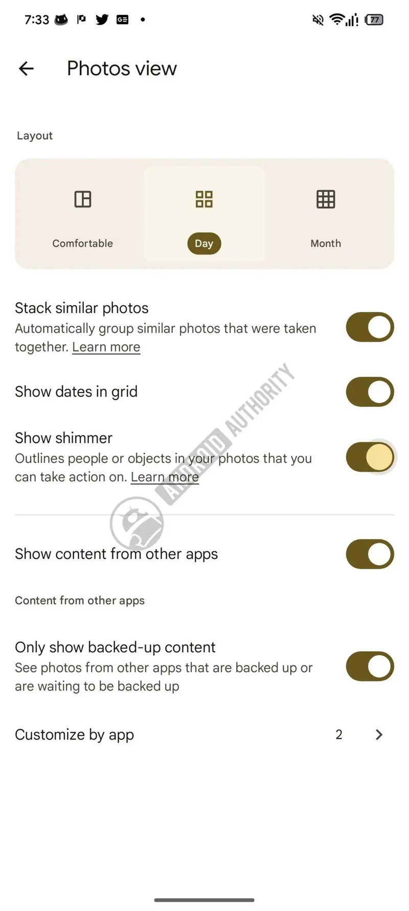 Google Photos shimmer toggle
