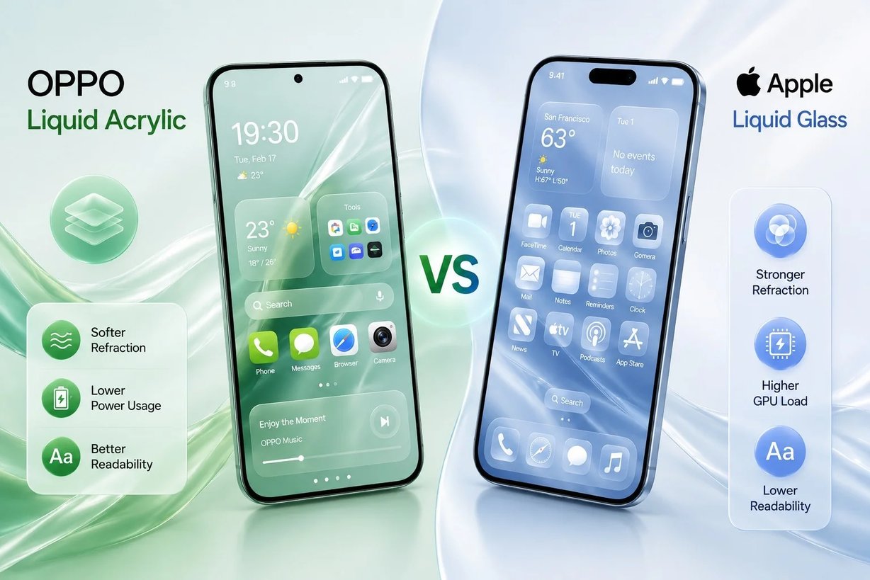 Comparison between Oppo's ColorOS and Apple's Liquid Glass UI