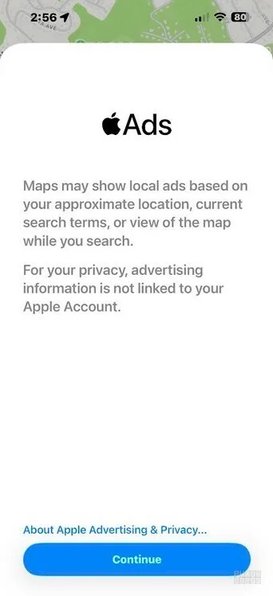 Popup notification about ads in Apple Maps