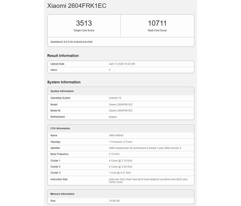 Redmi K90 Max Geekbench Score