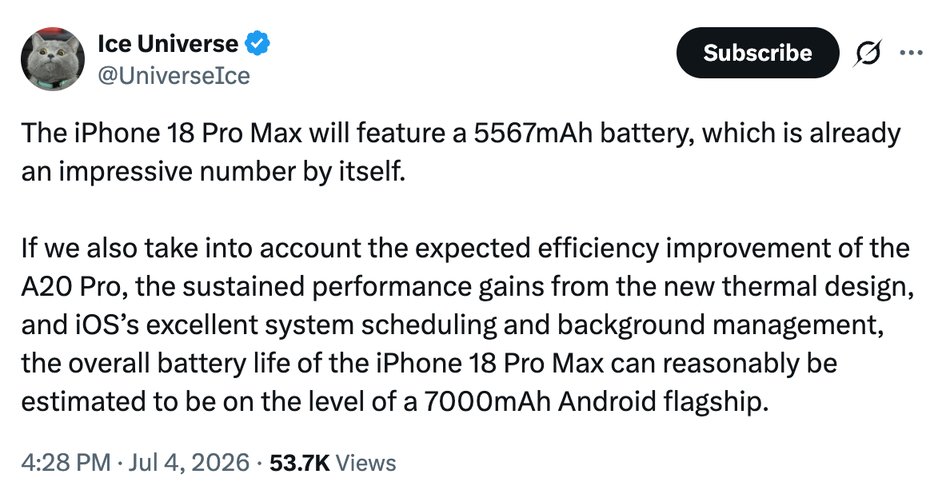 iPhone 18 Pro Max battery life improvements