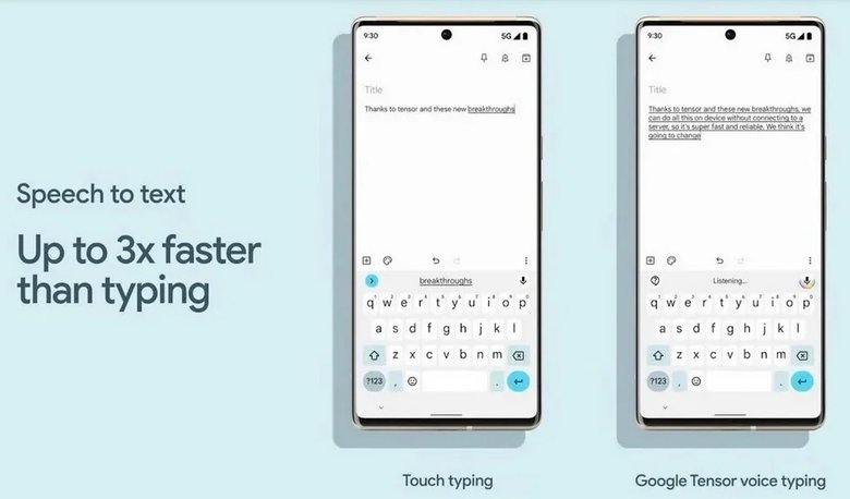 Google promotes faster Speech to text using Tensor AP on Pixel 6 series.