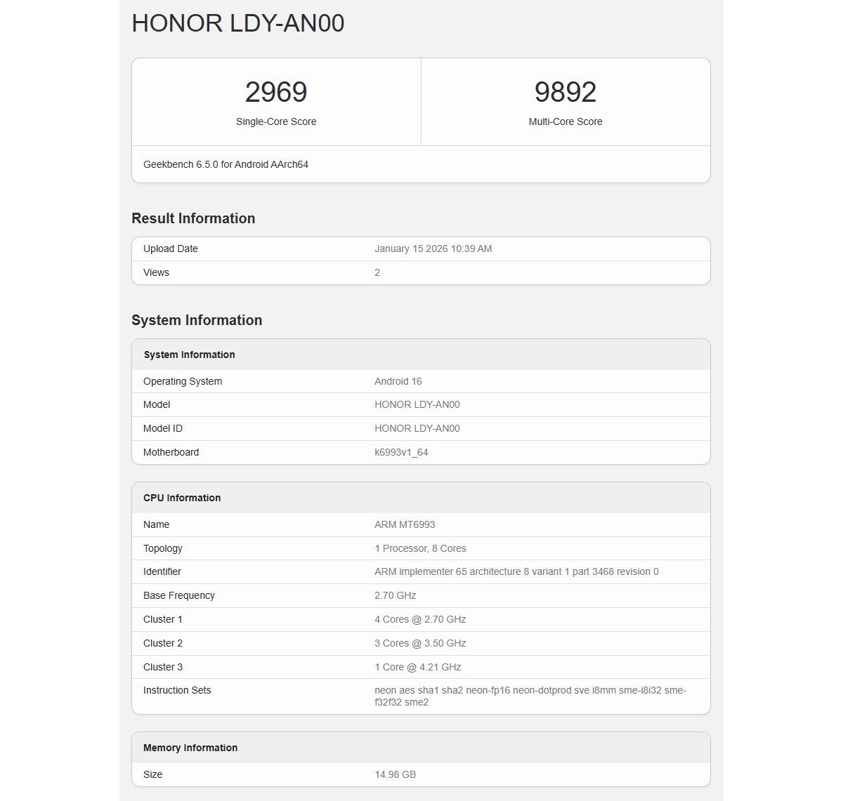 Honor Magic8 Pro Air runs Geekbench confirming its chipset