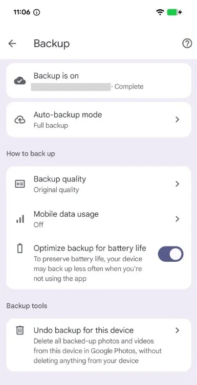 Optimize backup for battery life in Google Photos