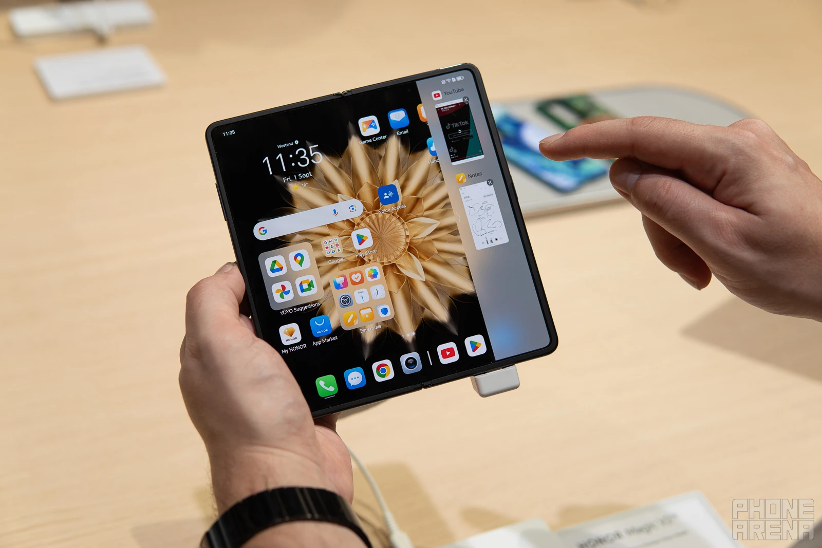 Honor Magic V2 unfolded (Image credit - PhoneArena) - Honor Magic V2 hands-on: thin on the outside, packed to the brim on the inside