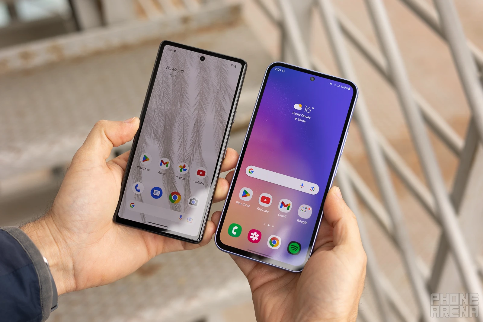 (Image Credit - PhoneArena) The Pixel 7a on the left is a bit more compact - Samsung Galaxy A54 5G vs Google Pixel 7a: Android's finest mid-range phones