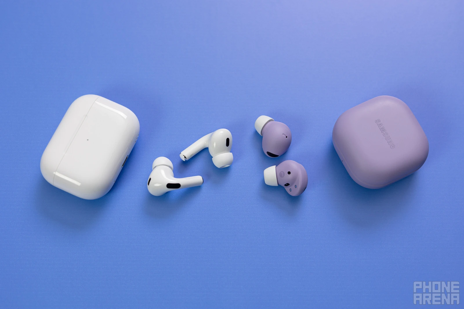 (Image credit - PhoneArena) Apple AirPods Pro 2 (left) and Samsung Galaxy Buds 2 Pro (right) - AirPods Pro 2 vs Galaxy Buds 2 Pro: Team Apple or team Samsung – everyone wins!