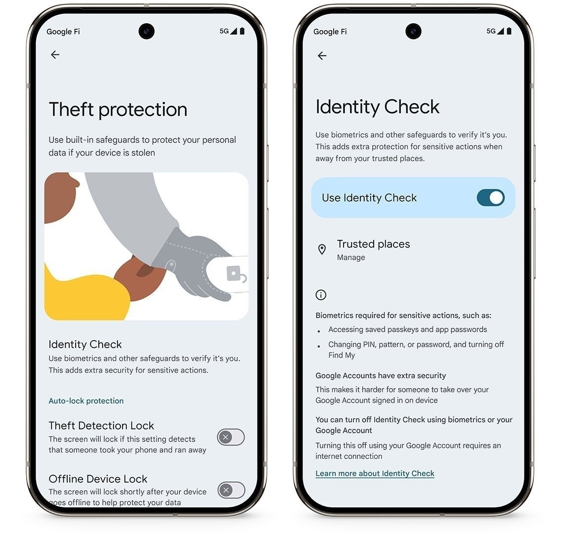 Theft Protections settings menu on Pixel phones
