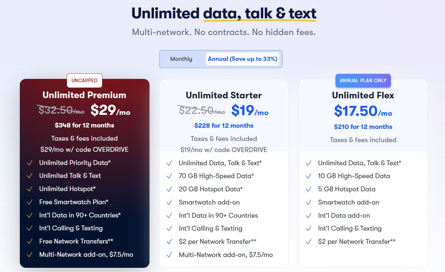 US Mobile plans screenshot