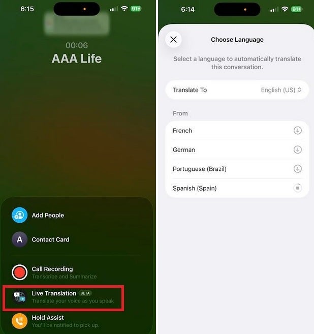 Live Translation feature on iPhone