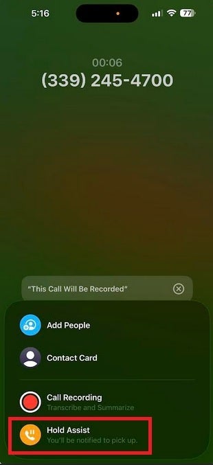Hold Assist feature on iPhone