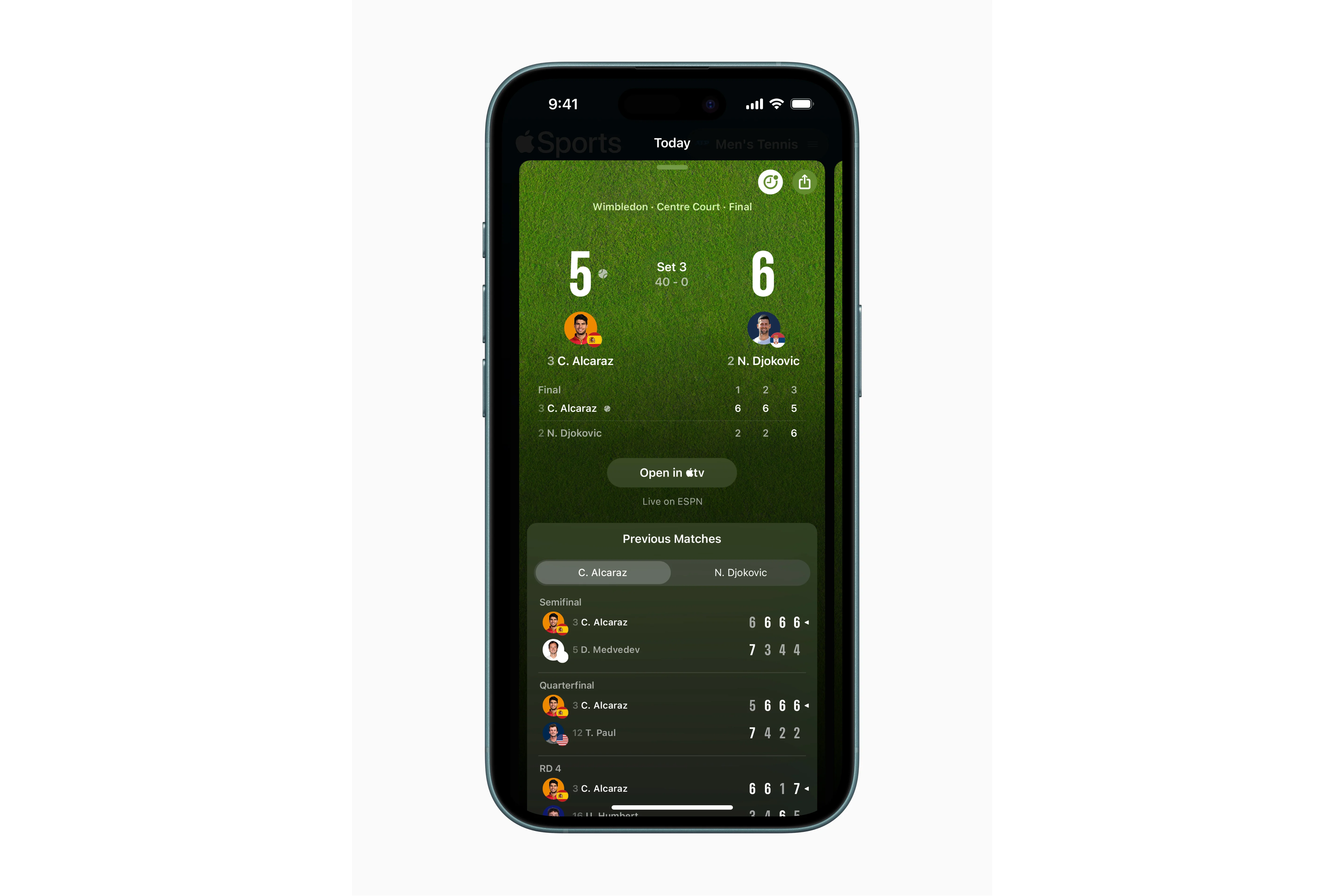 Apple Sports app supporting tennis