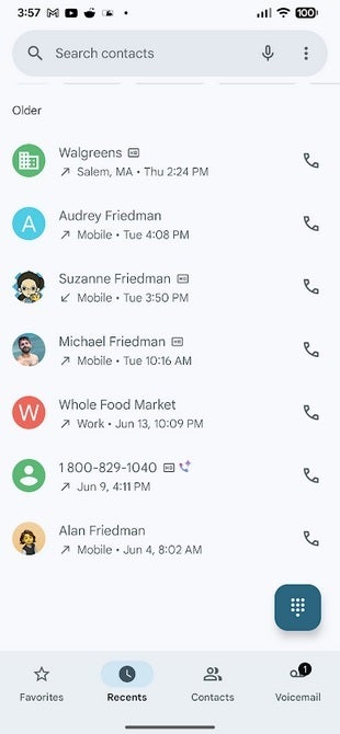 Current design for the Google Phone app