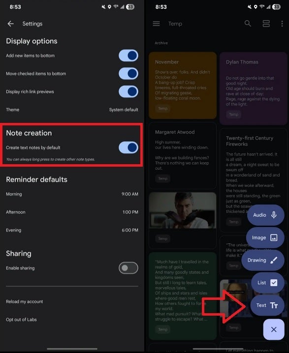 Google Keep Text Notes