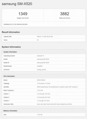Samsung Galaxy Tab S10 FE running Geekbench 6.4.0