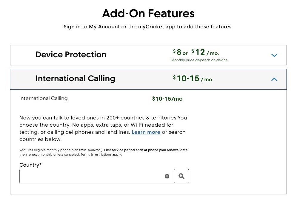 International Calling add-on options