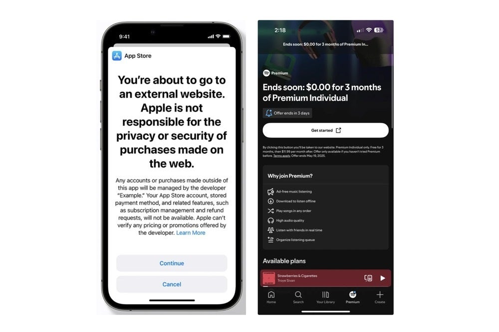 Comparison of Apple's old App Store warning to Spotify's new external store page