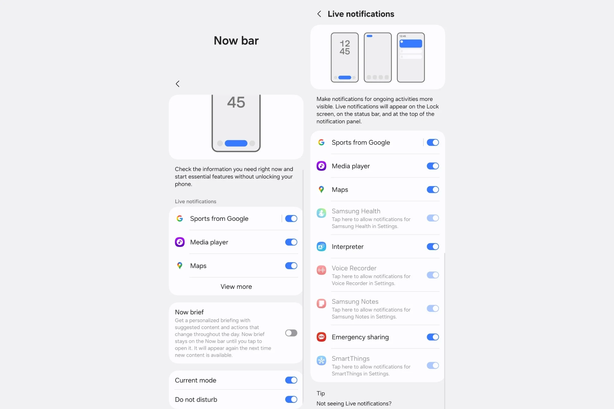 One UI 8 Now Bar settings and currently supported apps