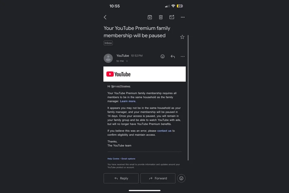 Warning from YouTube that Premium Membership will be paused.