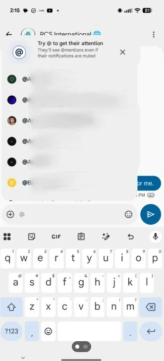 Google Messages showing @mention feature in a group RCS chat