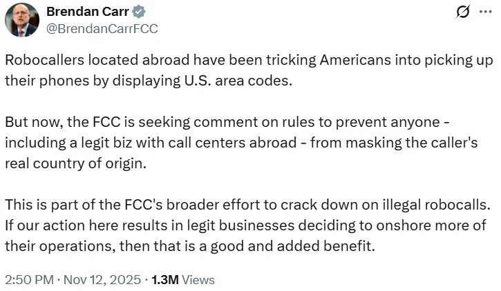 Tweet from FCC Chairman Brendan Carr