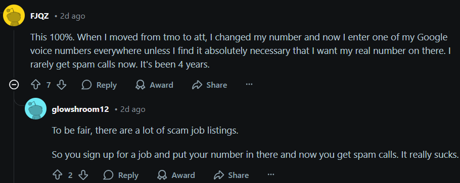 Reddit discussion on spam calls