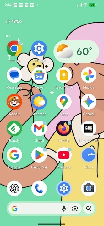 Pixel Launcher search bar with vibrant colors