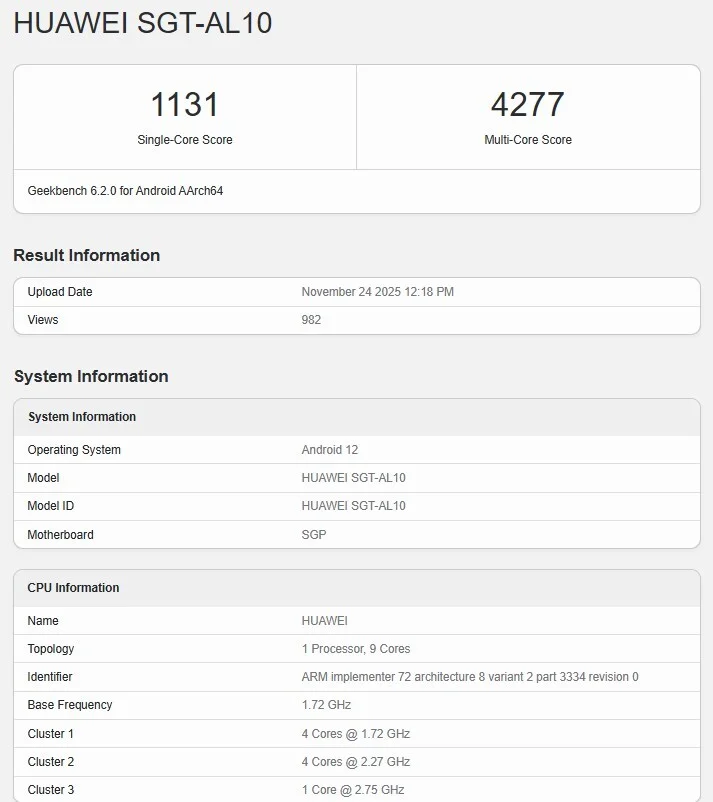 Kirin 9030 Pro Geekbench Score