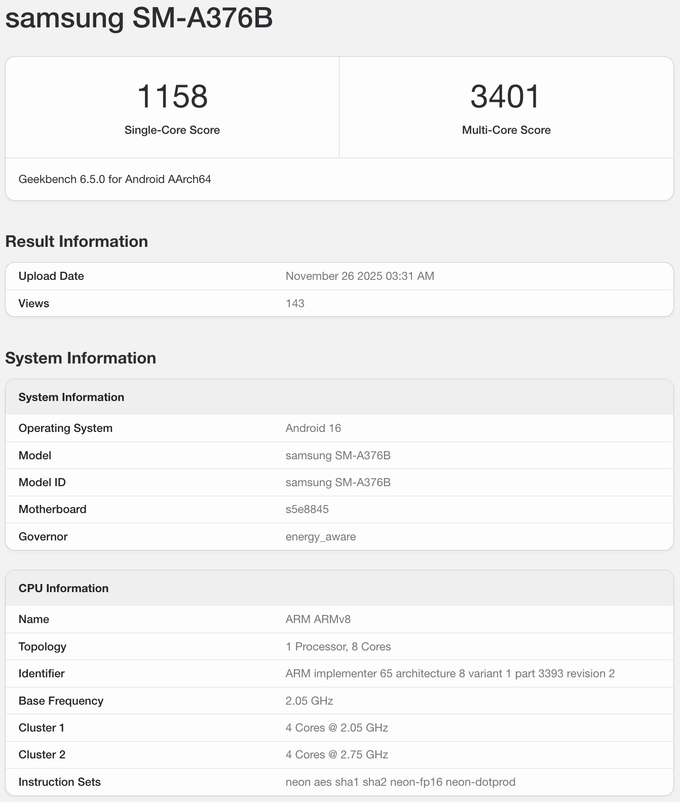 Samsung Galaxy A37 Geekbench Score