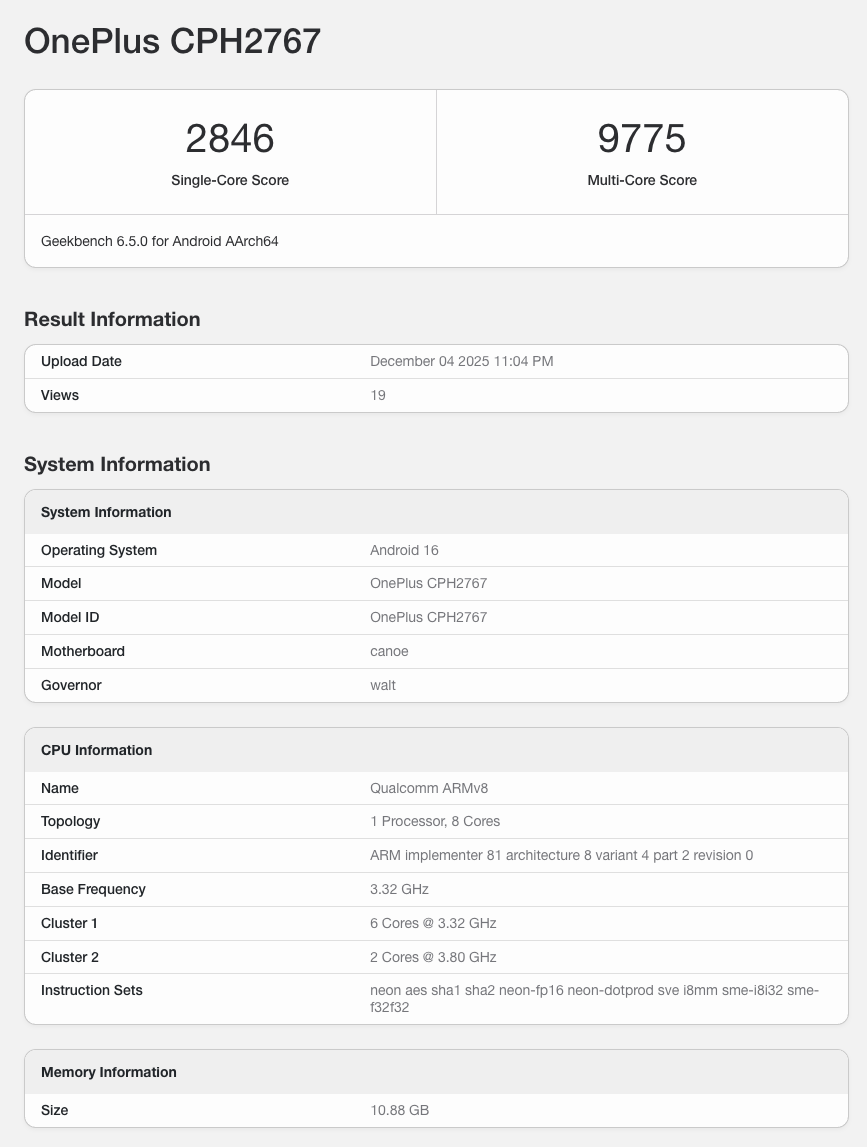 OnePlus 15R Geekbench Screenshot