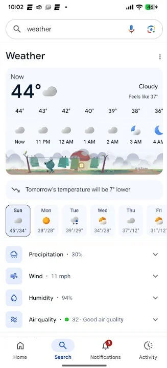 Revised Google Weather app interface