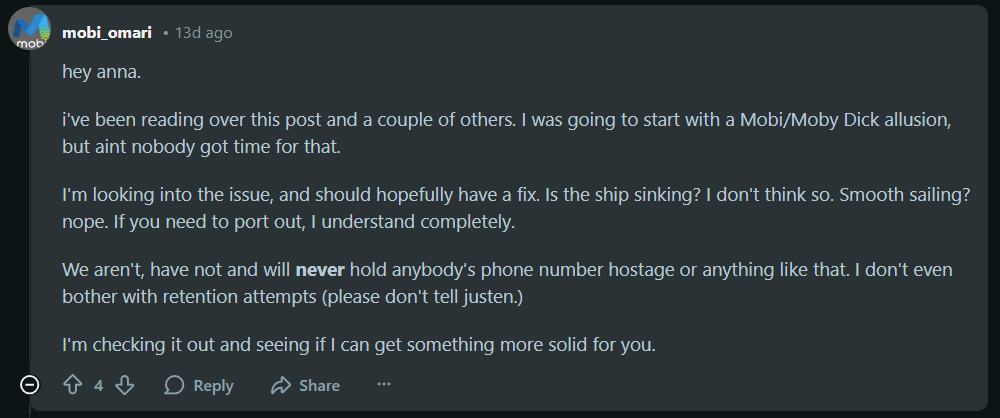 Screenshot from Reddit discussion about porting numbers
