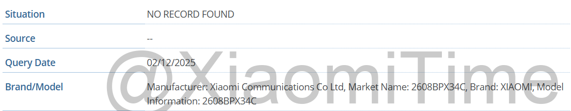 Xiaomi device entry in GSMA database