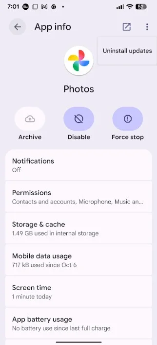 Uninstall updates option in Google Photos app settings
