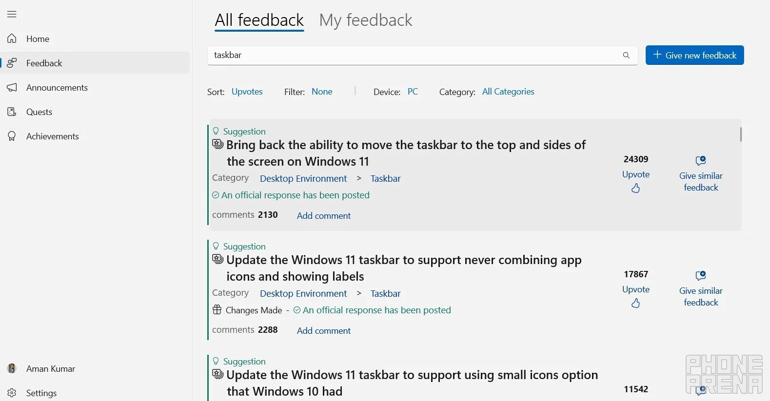 Microsoft Feedback Hub interface