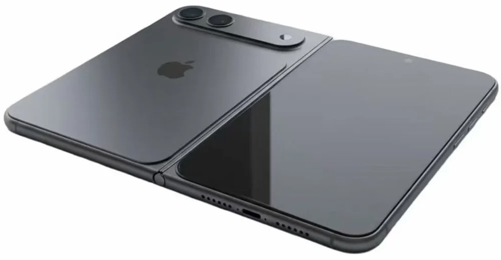 Render of the potential iPhone Fold design based on leaked CAD sketches