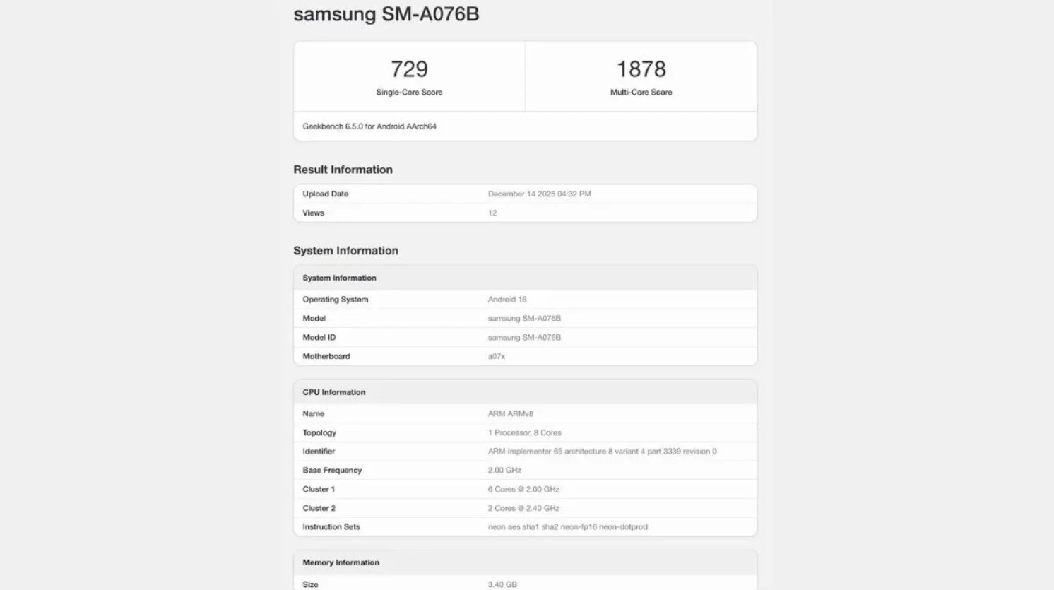 Samsung Galaxy A07 5G on Geekbench