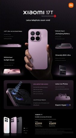 Xiaomi 17T and 17T Pro key specs (machine translated)