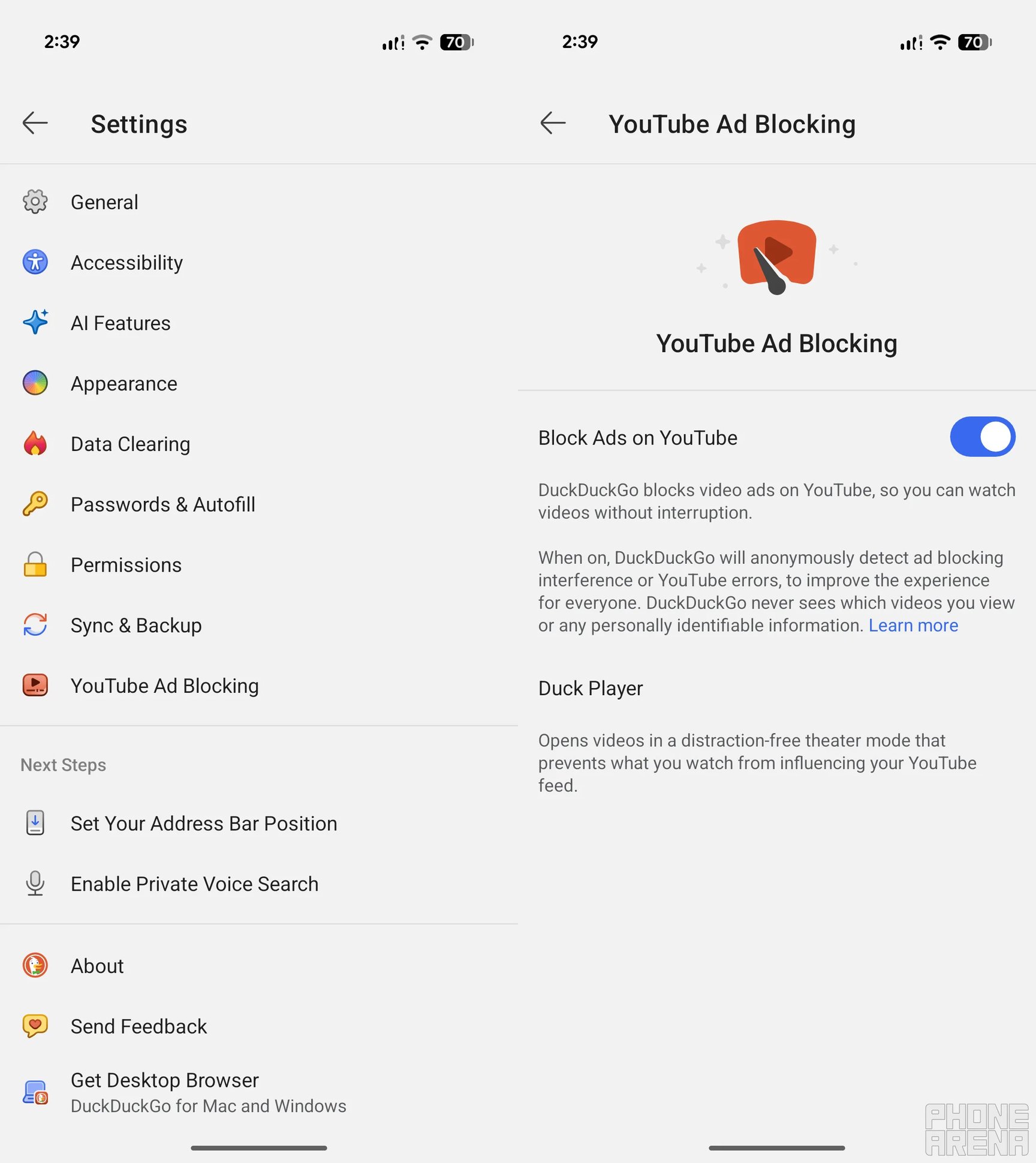 YouTube Ad Blocking feature of DuckDuckGo.