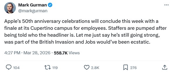 Tweet from Mark Gurman hinting at McCartney's performance