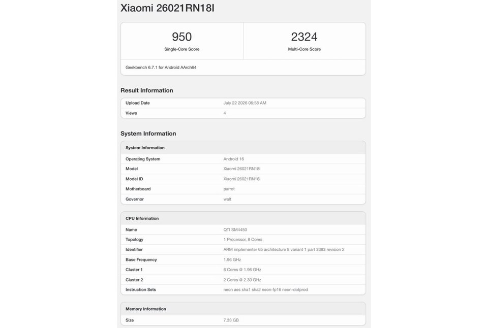 Redmi Note 17 Geekbench performance