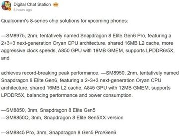 Qualcomm's Snapdragon 8 series roadmap tipped by Digital Chat Station