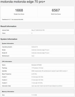 Motorola Edge 70 Pro+ on Geekbench